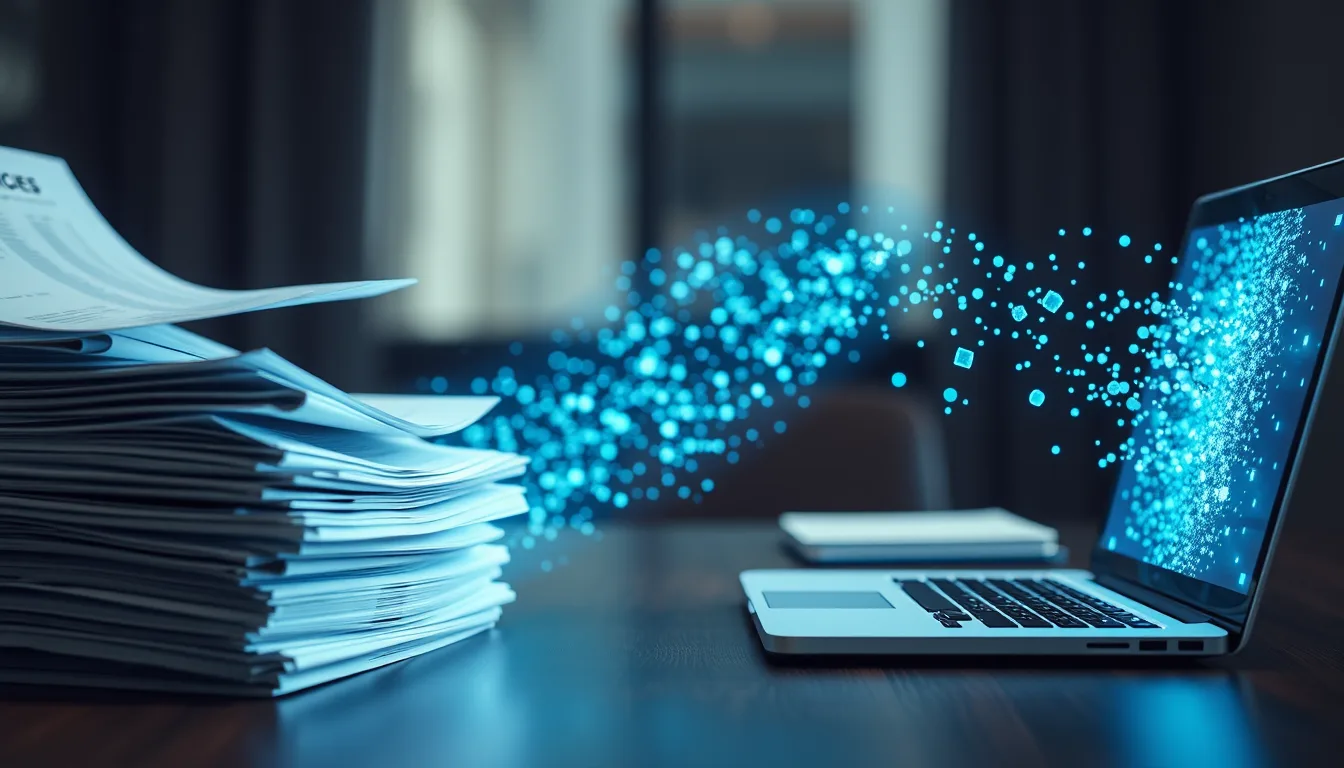 Intelligent document processing with Azure AI shown as paper invoices turning into digital data flowing into a laptop