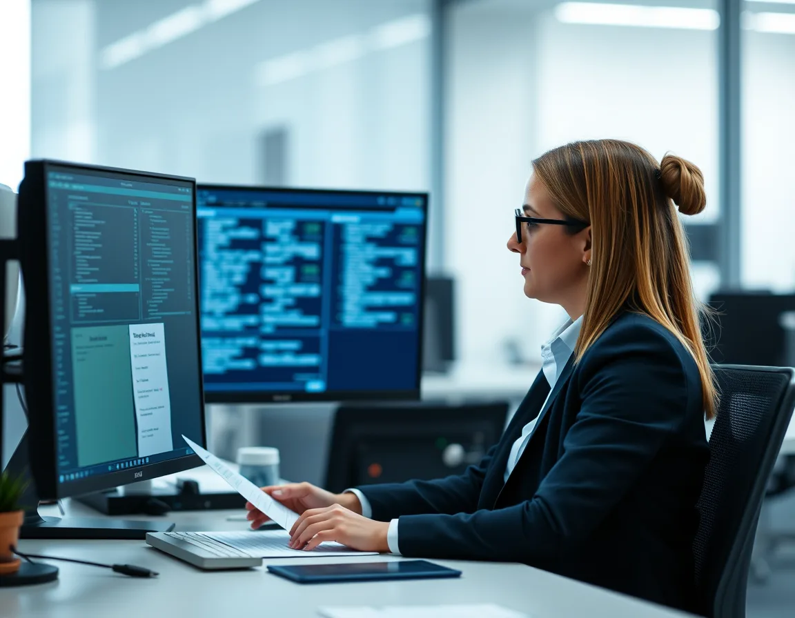 Accounts payable specialist reviewing low-confidence extracted fields on two monitors