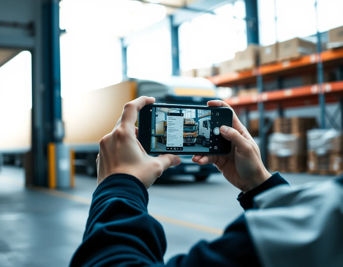 Warehouse worker photographing a delivery note at the loading dock for document processing