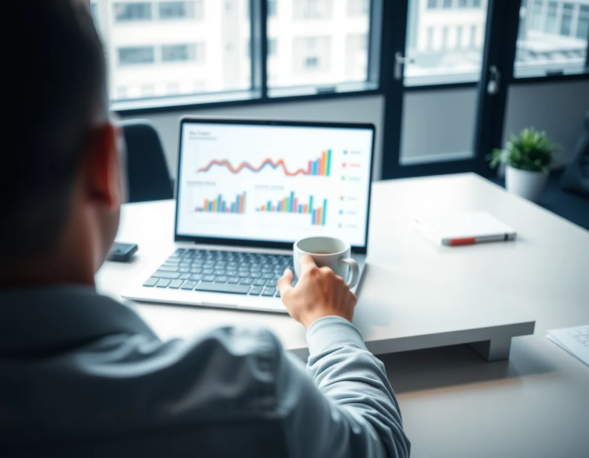 Analyst reviewing a live dashboard on a laptop, representing Power BI reading OneLake data through Direct Lake mode
