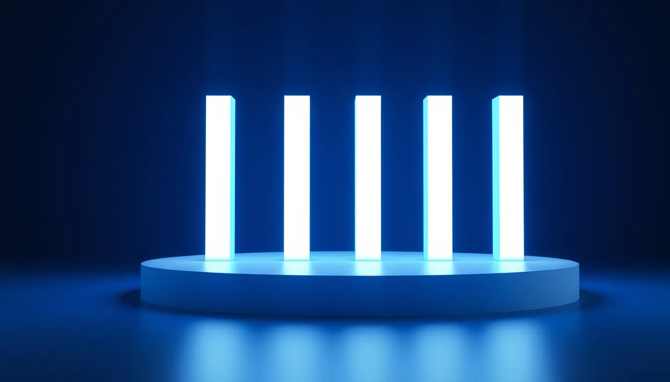 Microsoft Fabric architecture, shown as glowing columns rising from one shared luminous base layer representing OneLake