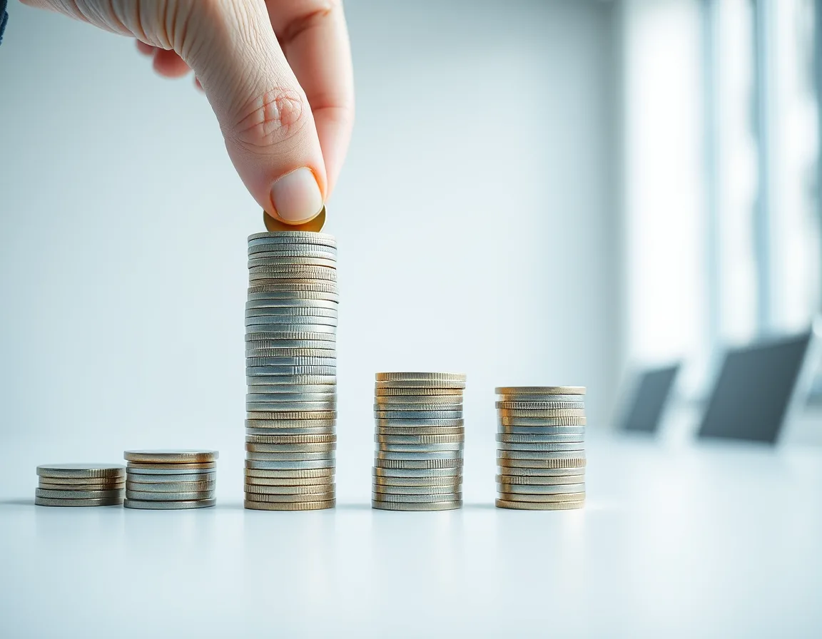 Hand adding a coin to growing stacks of coins, representing parallel-run and training costs in a Fabric migration budget