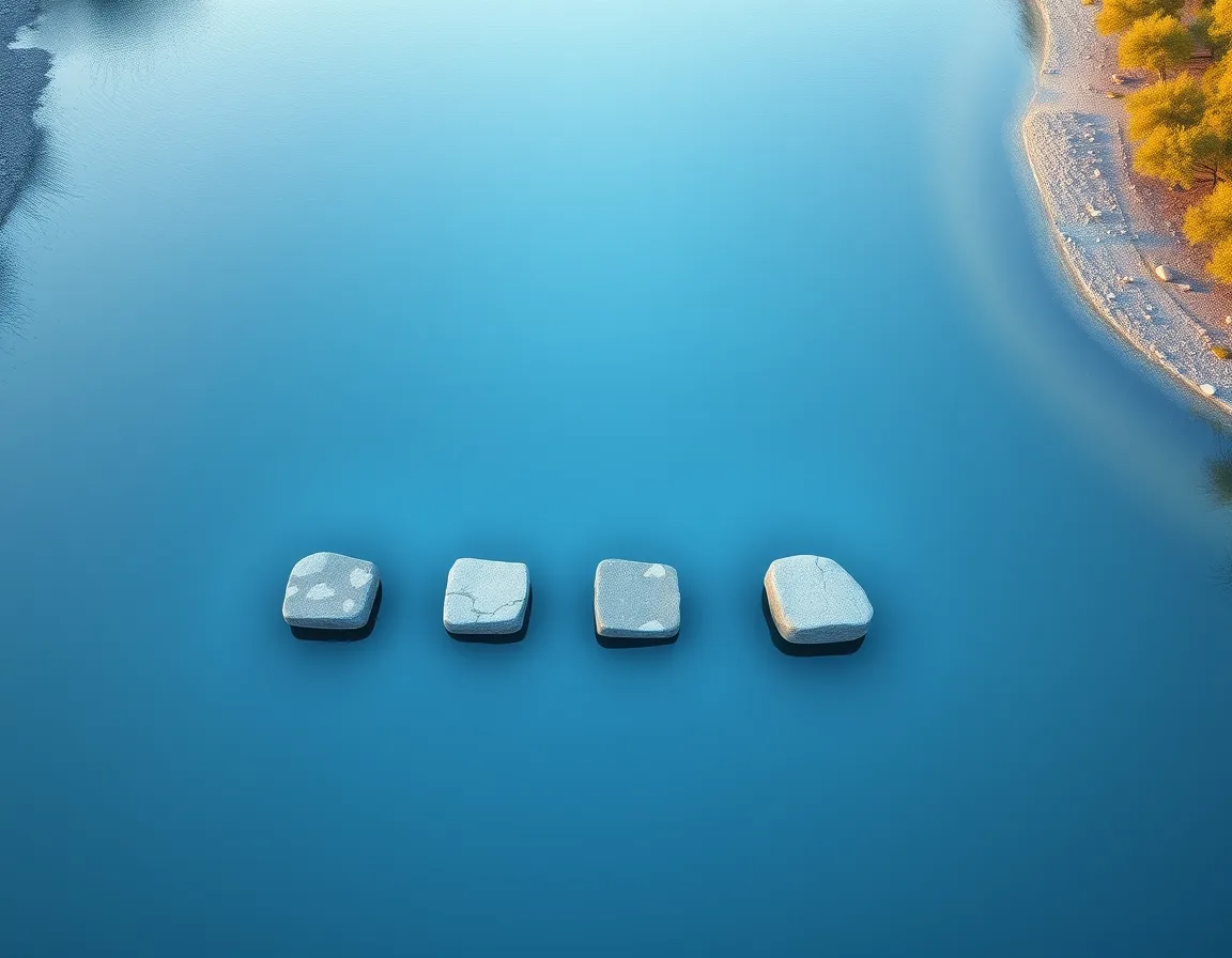 Four stepping stones crossing calm blue water, representing a wave-based Microsoft Fabric cutover