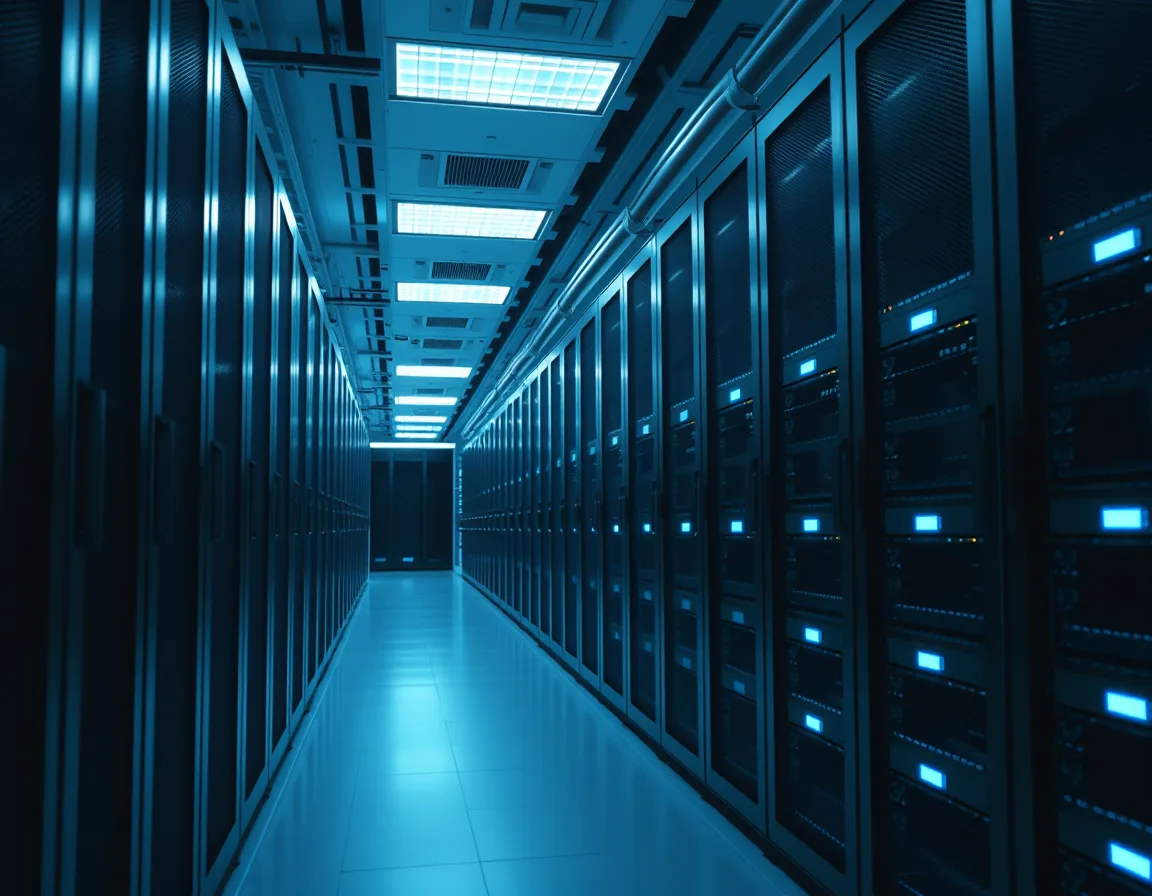 Rows of server racks with blue status lights representing Microsoft Fabric capacity sizing
