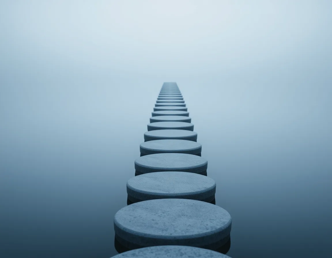 A line of stepping stones leading into the mist, representing a phased Microsoft Fabric migration taken one validated step at a time