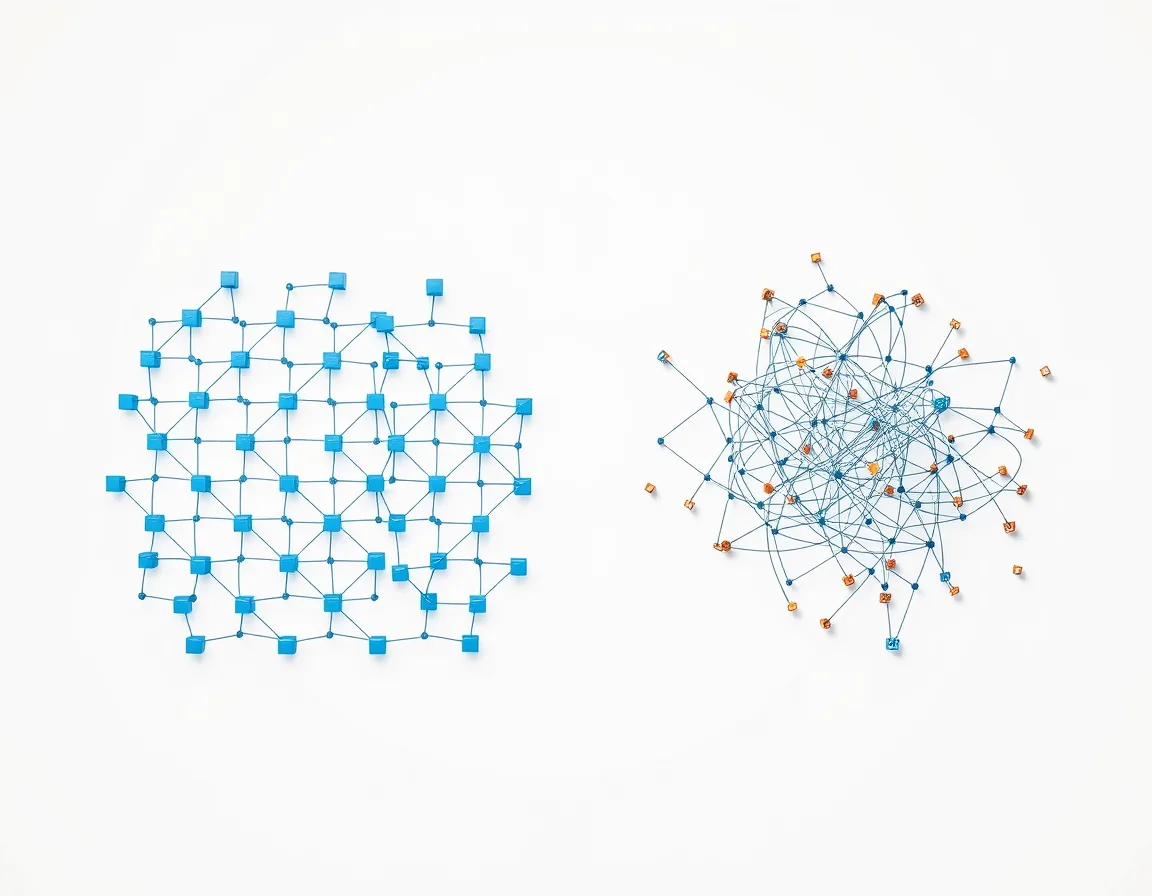 A neat structure beside a tangled one, representing Power BI semantic models that can be reused versus those that need redesign