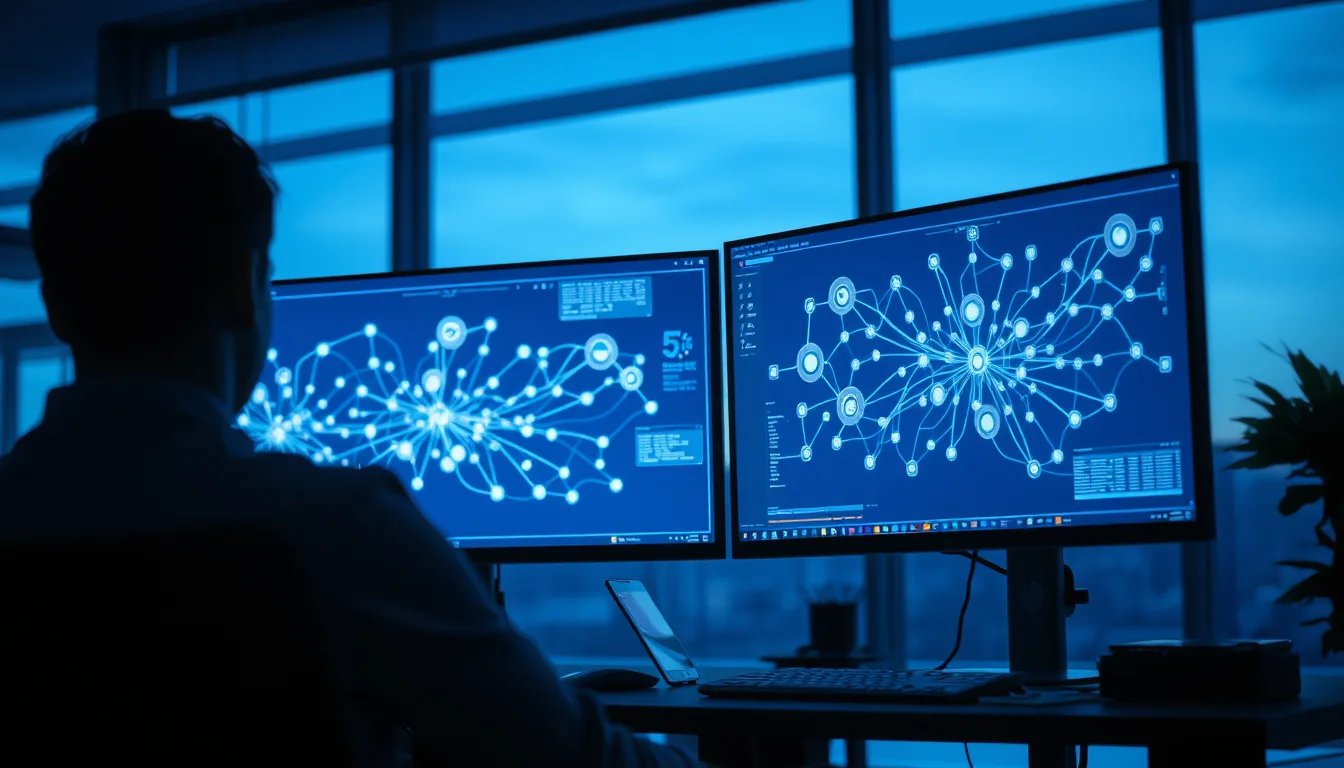 Data engineers' workspace with monitors showing abstract data flow diagrams during a Microsoft Fabric migration