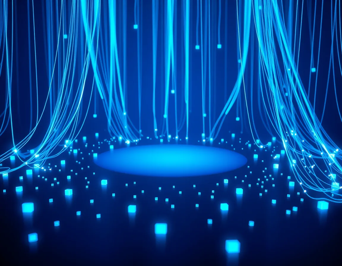 Many streams of light converging into one central glowing reservoir, representing data consolidating into OneLake