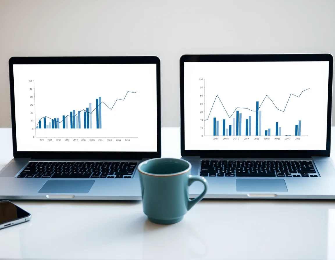 Two laptops side by side comparing charts from the old and new environments during parallel validation before a Fabric cutover