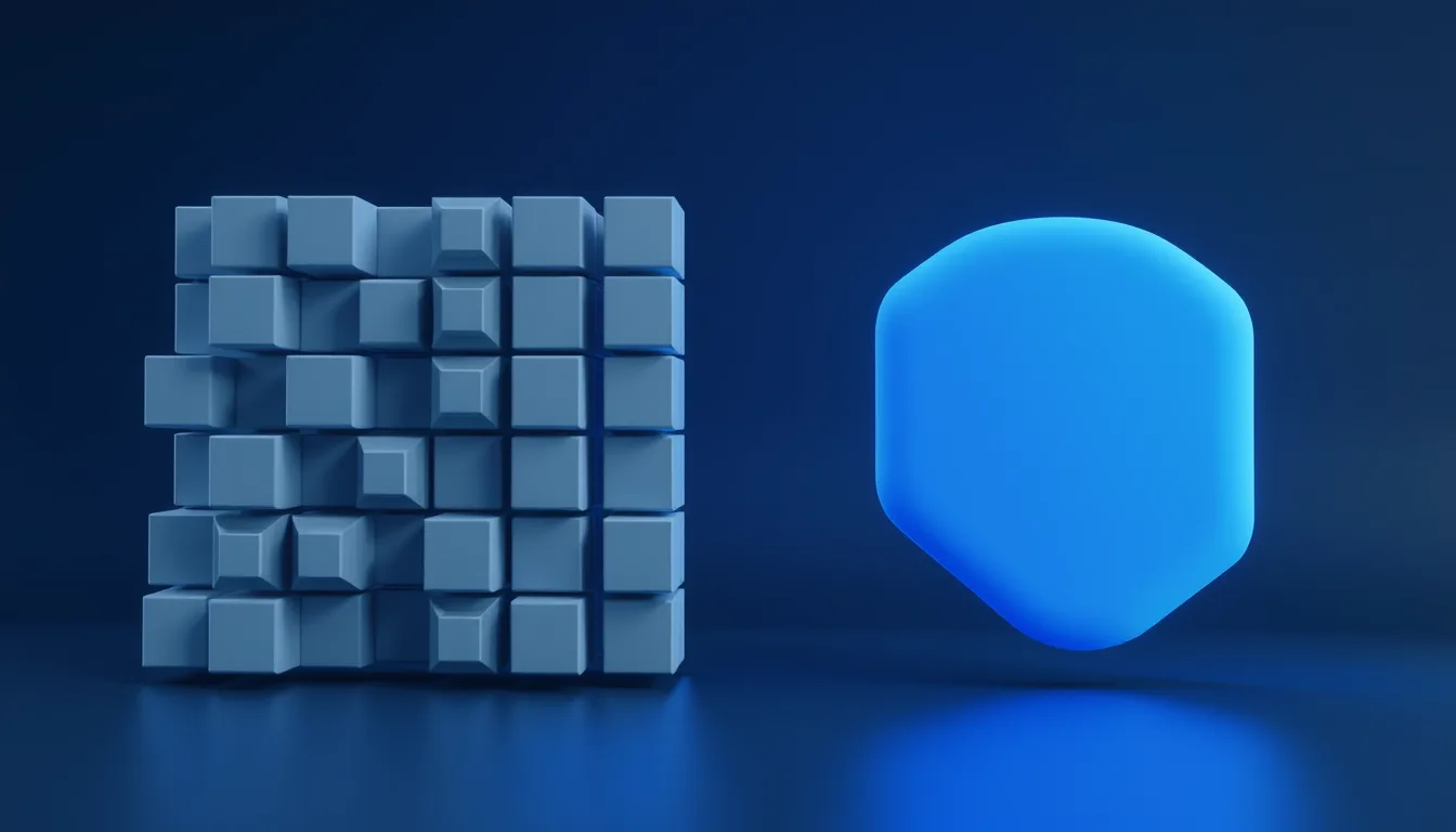 Modular blocks on one side and a single unified glowing structure on the other, representing Azure Synapse versus Microsoft Fabric