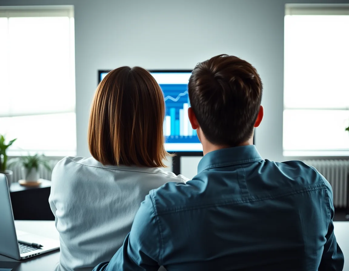 Two colleagues reviewing cost charts on a monitor, representing Fabric capacity versus Synapse pricing