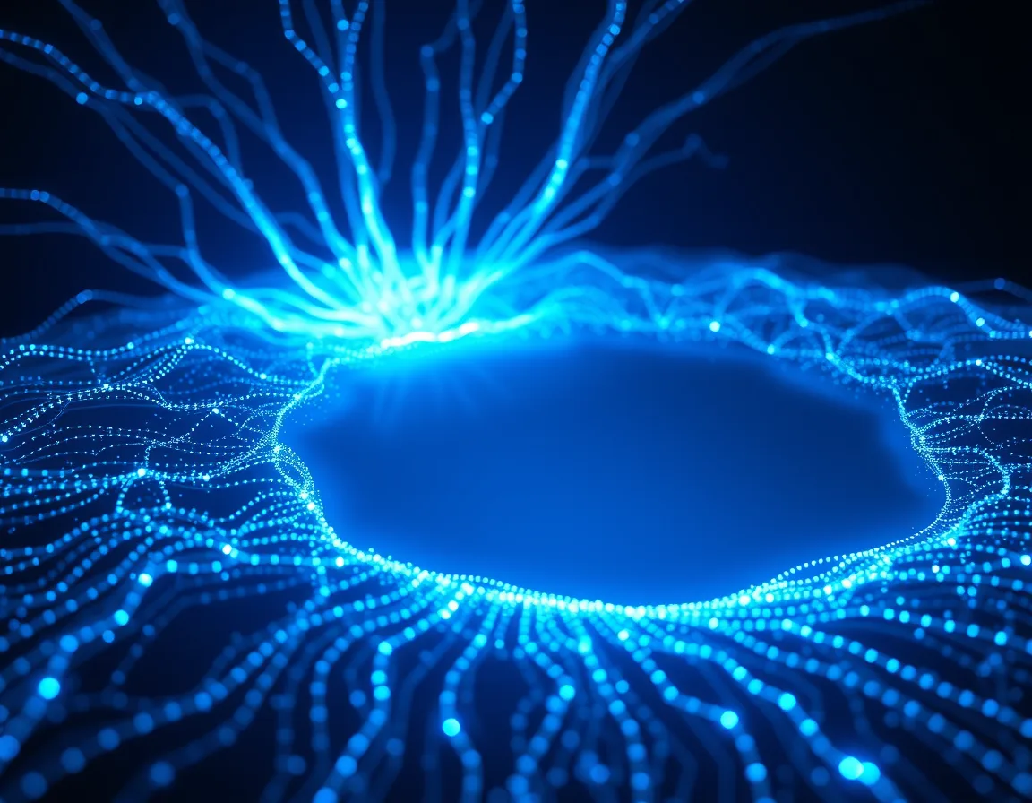 Glowing data streams flowing into one reservoir, representing OneLake in Microsoft Fabric
