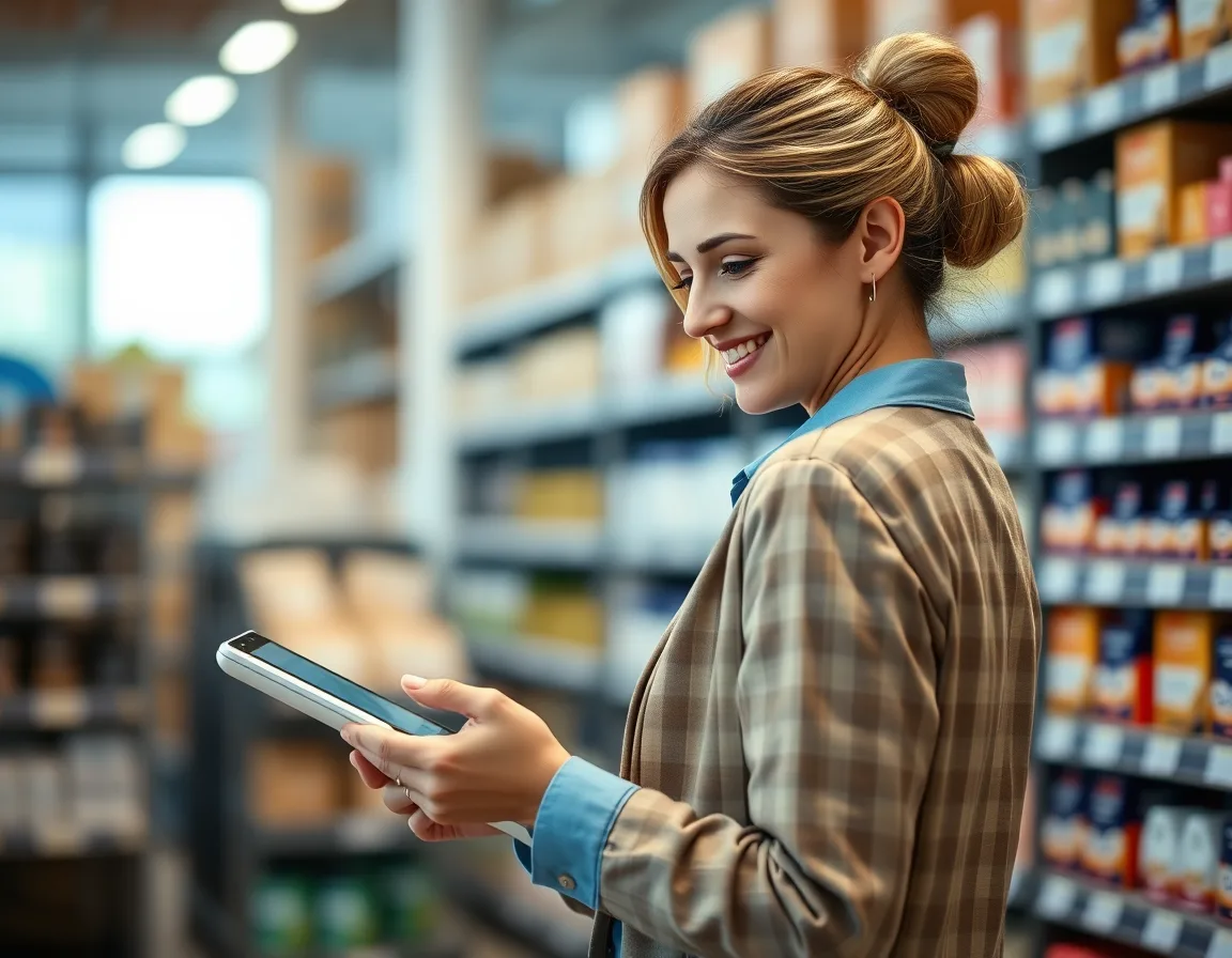 Retail branch manager viewing a Power BI report on a tablet as a free viewer on Fabric capacity