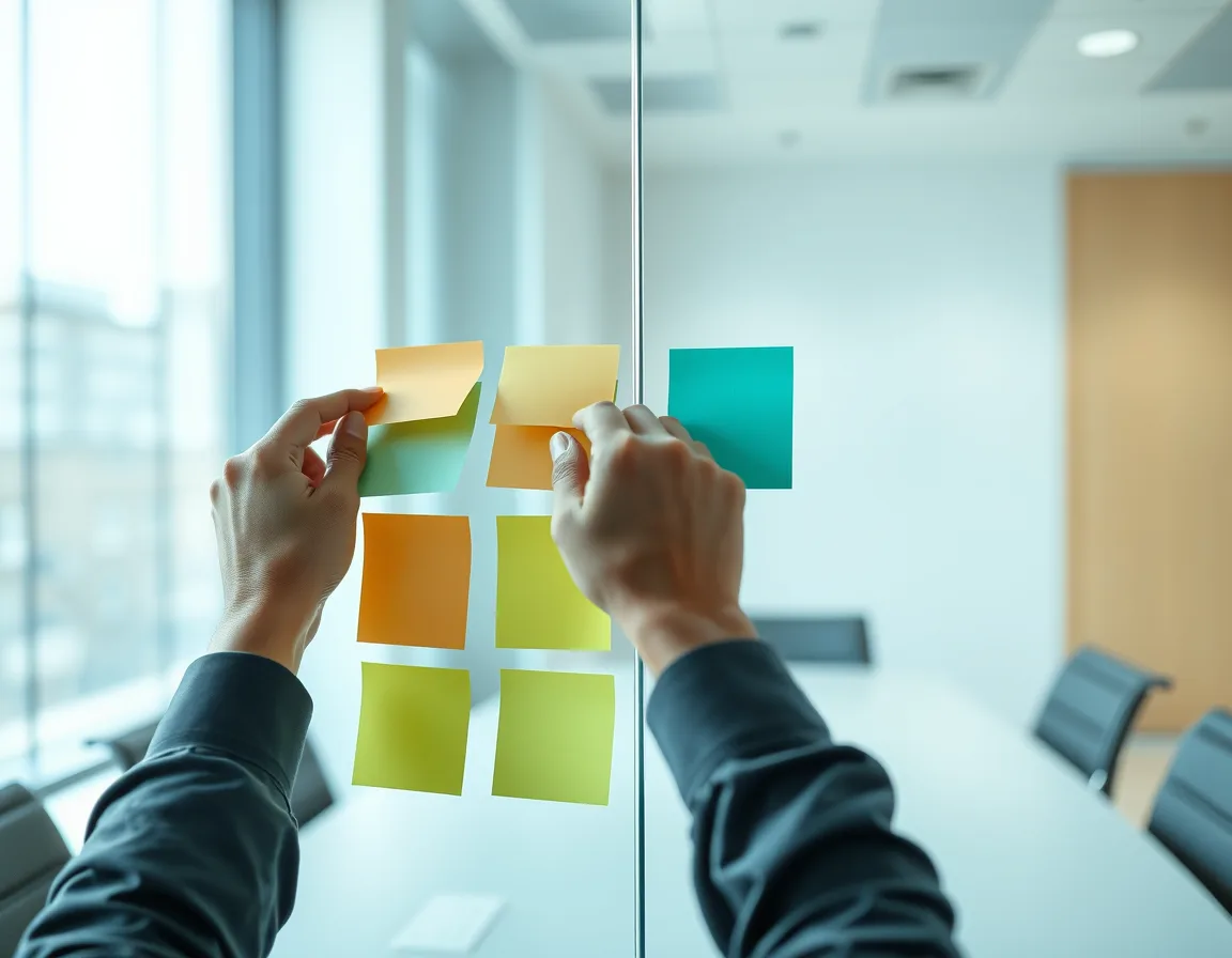 Hands arranging colored sticky notes on a glass wall during an automation planning session