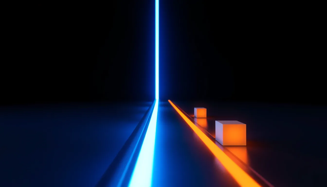 Two parallel tracks of blue and orange light with glowing cubes moving along them, representing two automation platforms
