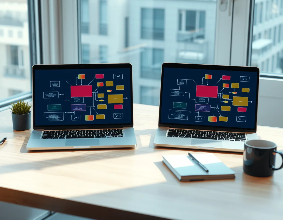 Two laptops side by side on a desk showing abstract flowchart diagrams, representing a platform comparison