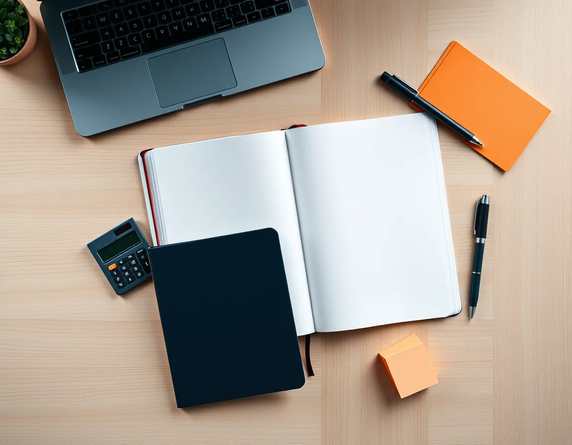 Desk with a blank notebook, calculator with an empty display, pen, and closed laptop used to estimate portal licensing costs