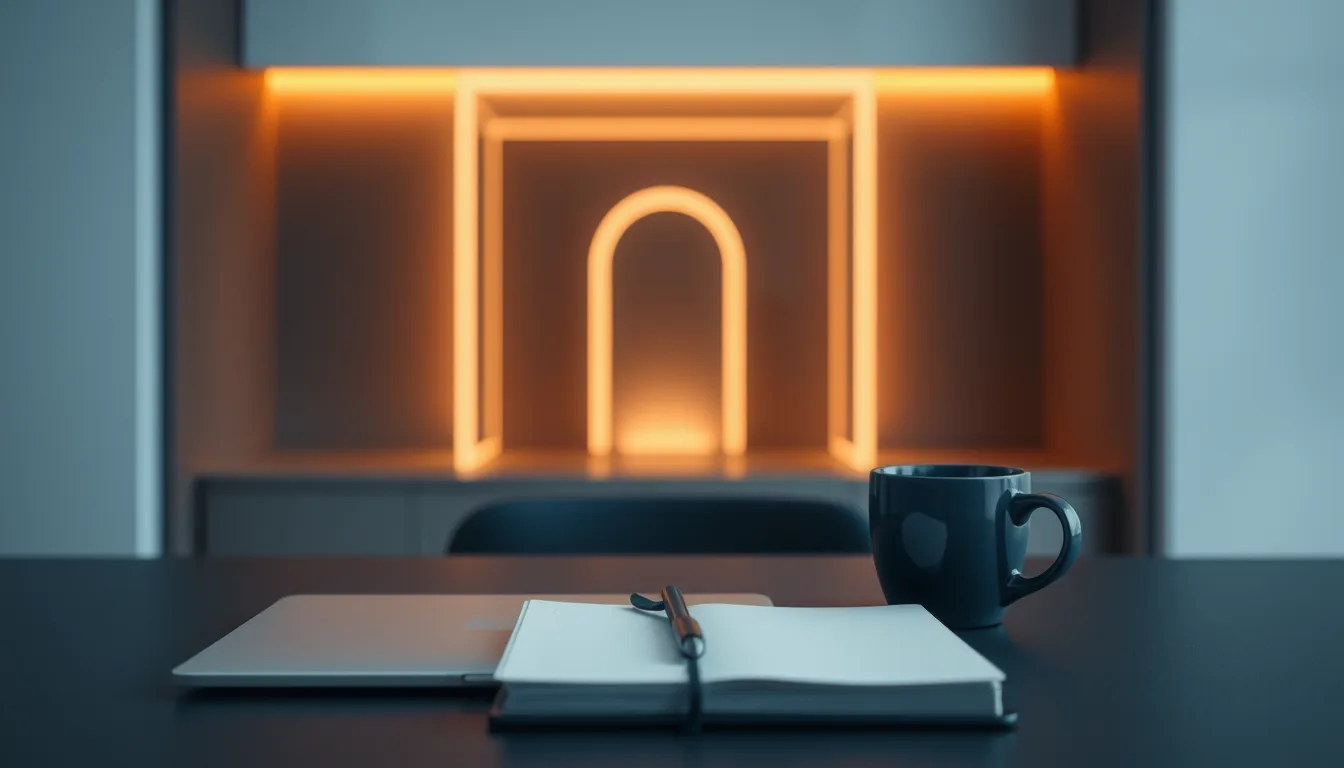 Closed laptop on a desk beside a blank notebook and abstract glowing doorway shapes representing a secure customer portal