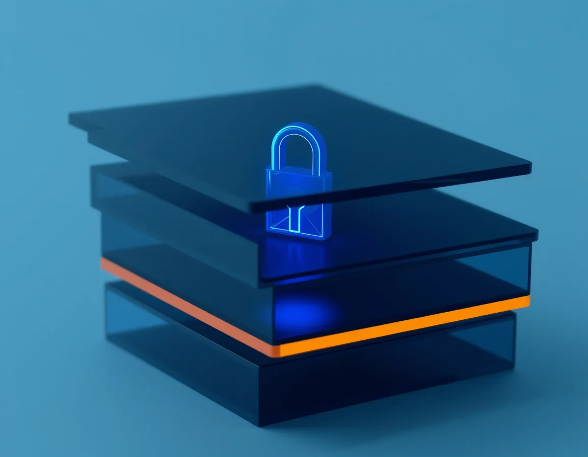 Abstract layered translucent panels with a glowing lock-like shape representing role-based portal security