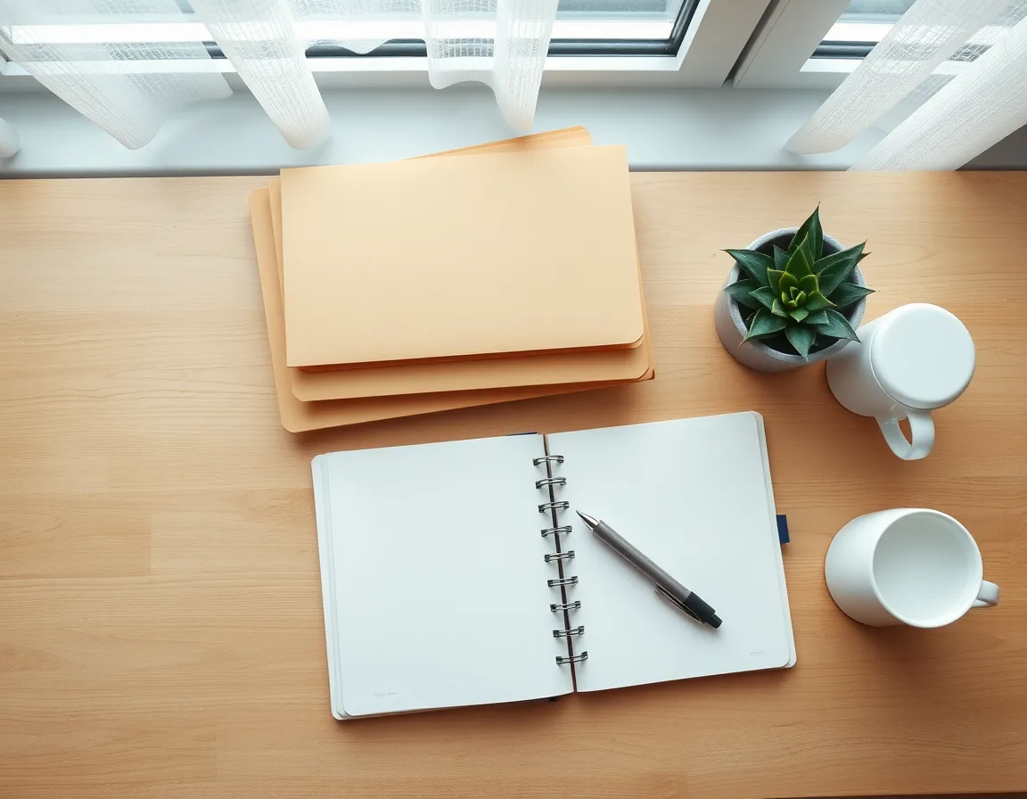 Tidy desk with plain folders, an open blank notebook, a pen, a small plant, and a coffee mug, set up for cutover planning