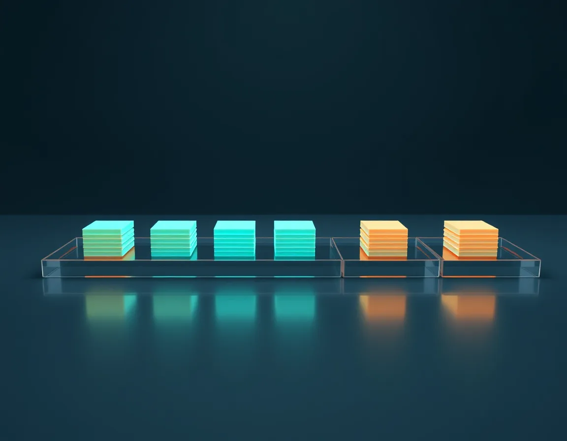 Row of glass trays holding stacks of glowing tiles, four teal and two orange, representing data that migrates and data that needs a separate plan