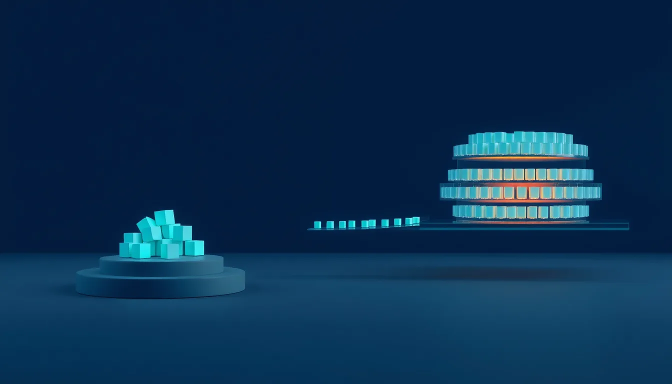 Abstract illustration of small glowing cubes flowing across a light bridge from a compact platform to a larger structured platform