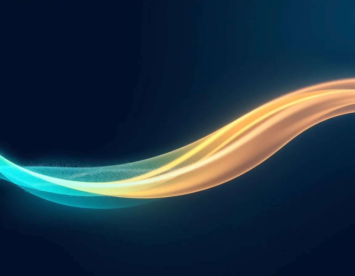 Ribbons of teal and orange light merging into one flowing stream, representing payroll, tax, and inventory feeding the new ledger