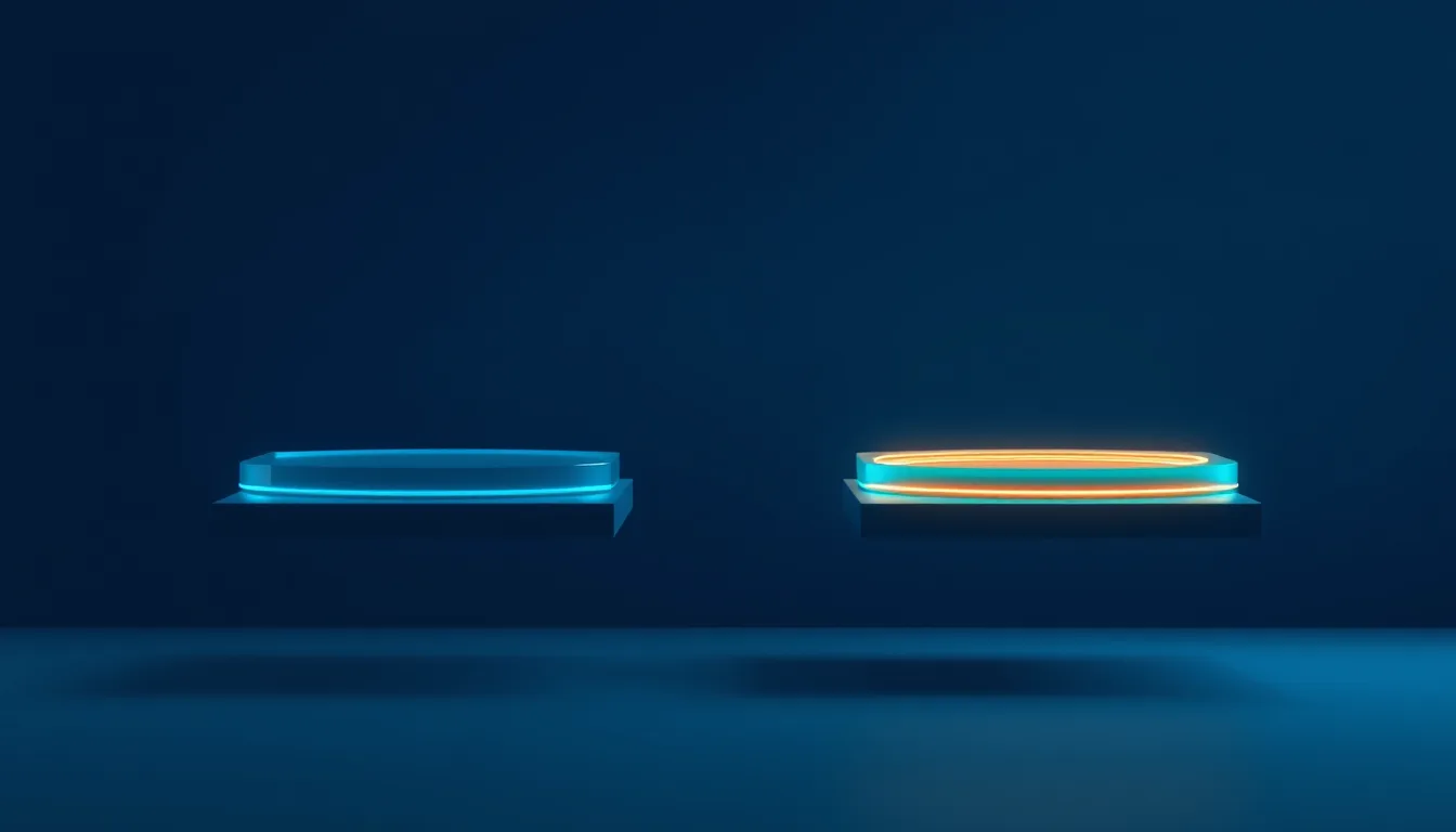 Two separate glowing platforms, one blue and one orange, representing a move from one Dynamics 365 partner to another