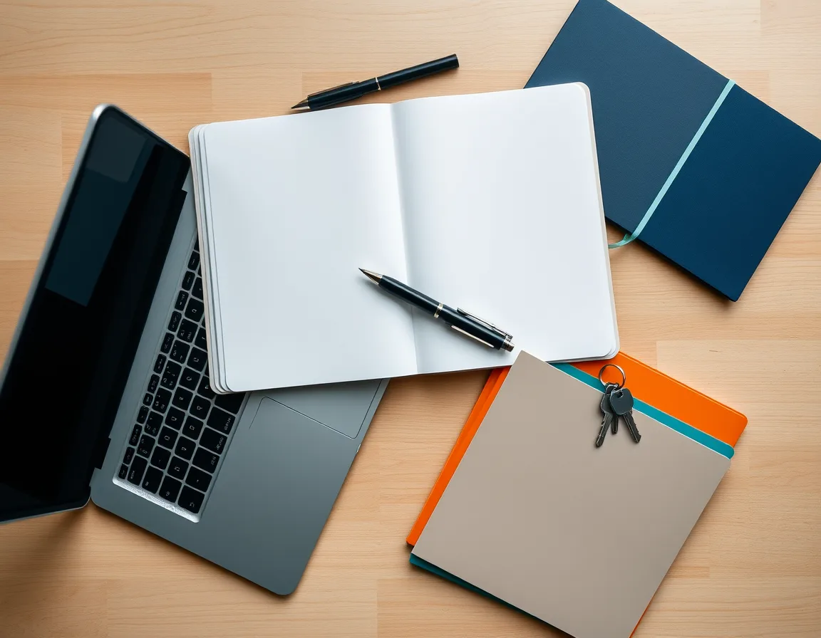 Top-down desk with a laptop, an open notebook, a ring of keys, and plain folders ready for a partner handover