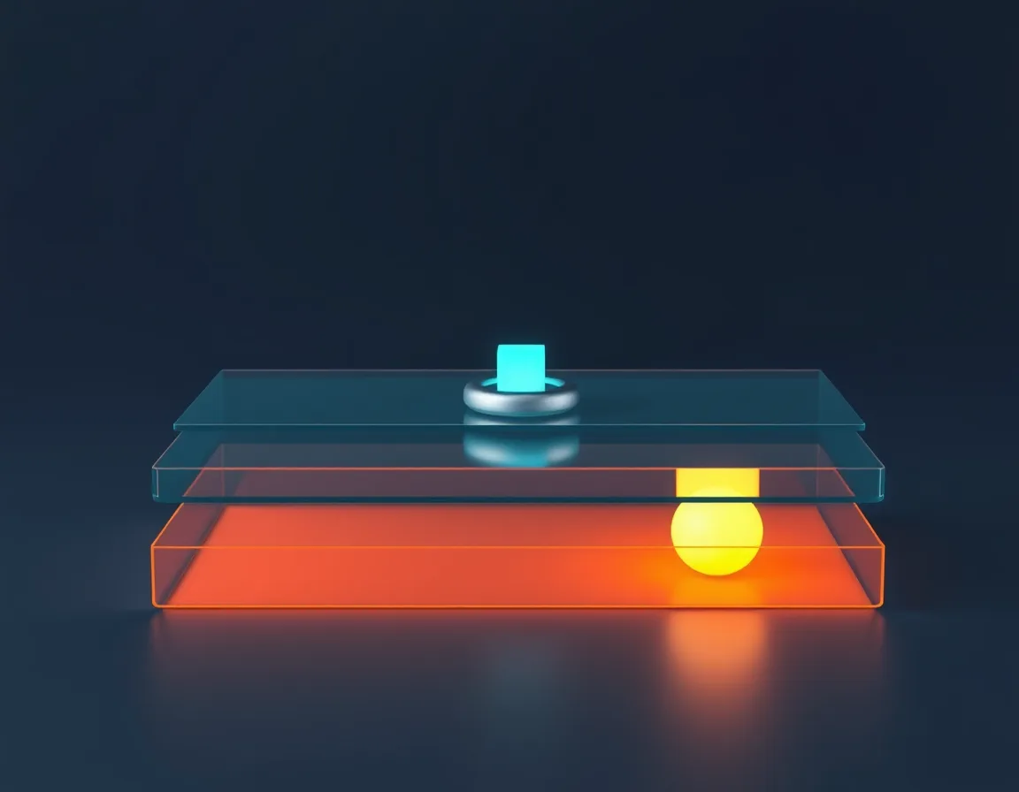Abstract illustration of three separate stacked glass layers in different colors, each holding its own small glowing shape