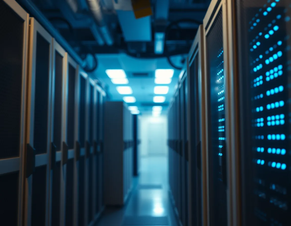 Dim server room aisle with racks of hardware, representing legacy data platforms being retired in favor of Microsoft Fabric
