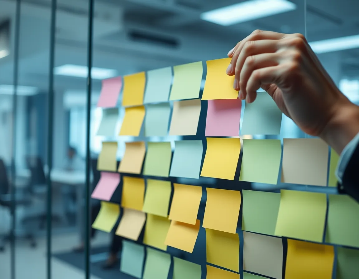 Hands arranging blank sticky notes in columns on a glass wall, representing a phased Microsoft Fabric migration plan