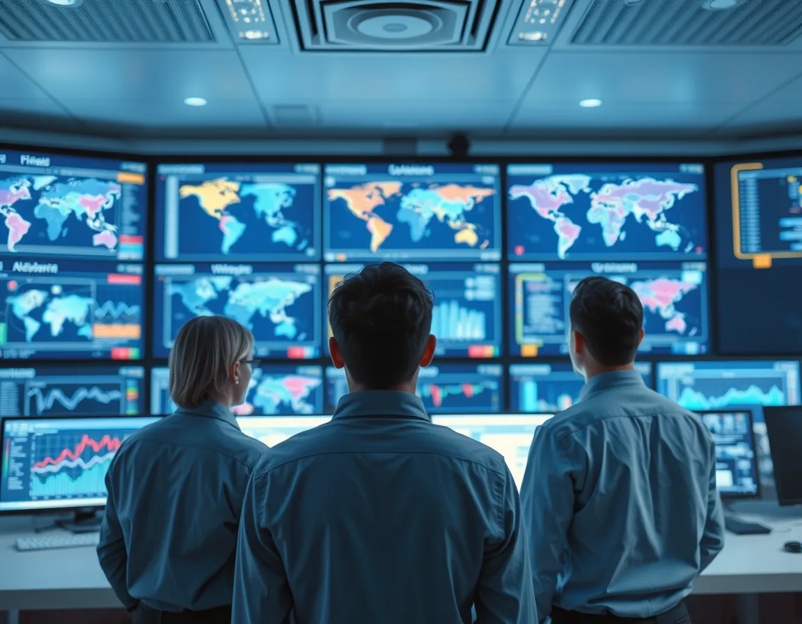Analytics team reviewing several dashboards on large screens, representing organizations using multiple Microsoft Fabric workloads together